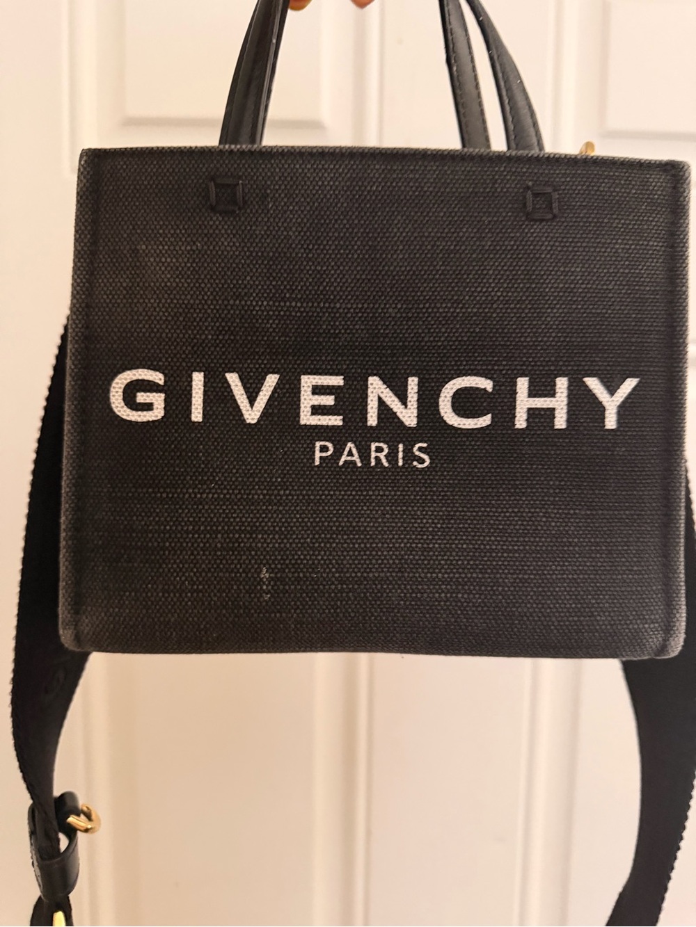 Authentic used Givenchy Black Canvas Messenger Bag with White Logo